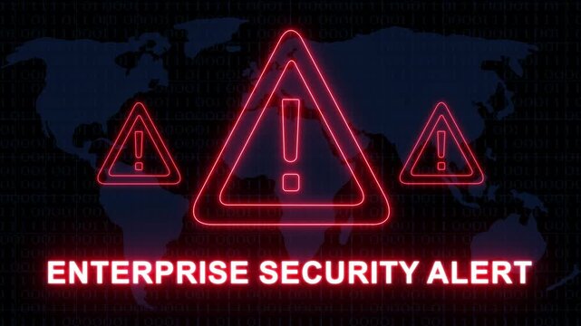 Enterprise security alert warning sign glowing neon red triangles over digital map background, representing global cyber, attack threat data, breach risk and, critical network infrastructure protec