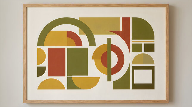 Abstract geometric art print with green and brown shapes in a simple wooden frame isolated on white