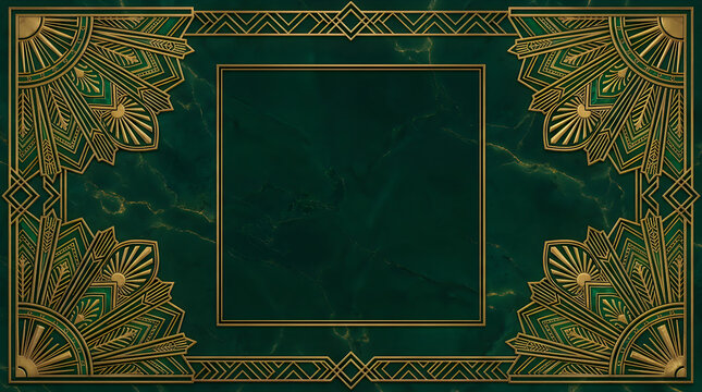 Elegant art deco style border frame with gold geometric patterns and decorative ornaments on green background