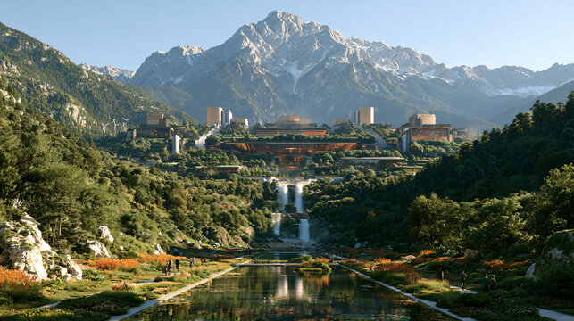 Futuristic green computing data center facility nestled in mountain landscape