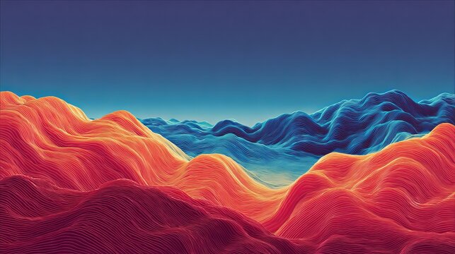 Abstract digital landscape featuring vibrant orange and blue undulating mountain layers created with smooth flowing lines in a serene atmosphere