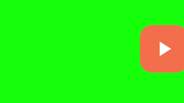 Play Triangle Icon flying across screen right to left on a rounded square chip, Green Screen Loop Animation