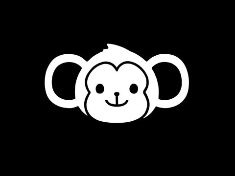 Cute white cartoon monkey face icon or logo on a dark background.