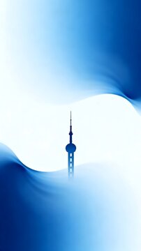 Stylized Tower Silhouette Over Flowing Blue Abstract Background