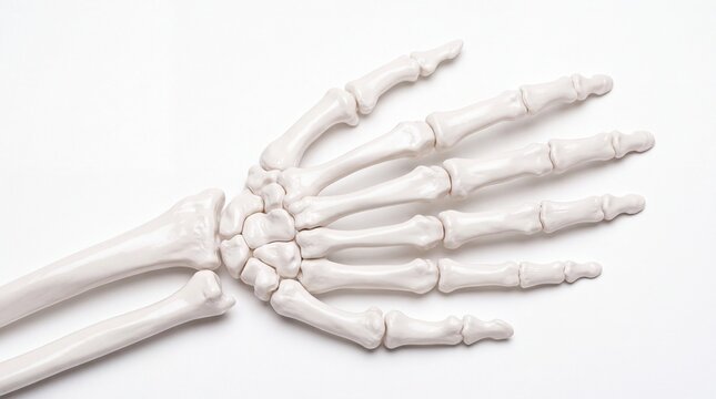 Human hand skeletal structure model showing detailed finger bones and wrist joint isolated on white background