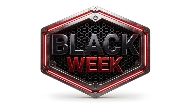 Hexagonal black week badge with metallic texture, red neon border, and black and red 3d lettering, isolated on white background