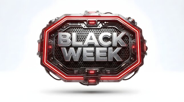 Futuristic metallic black week sign with glowing red neon lights and industrial mechanical details, isolated on white background