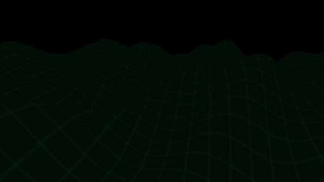 A sweeping neon green laser plane scans across a dark mountainous 3D terrain, illuminating grid lines in its wake. Concept of LiDAR mapping, spatial data analysis, autonomous vehicle sensing, geograph