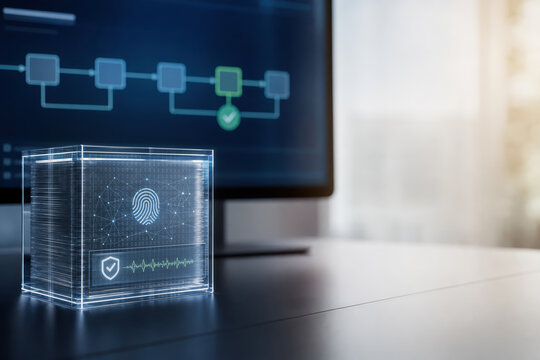 Synthetic data integrity and AI watermarking transparent data cube with cryptographic watermark and verification line for enterprise AI governance and data provenance