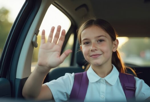 Young girl waving goodbye from car window.
