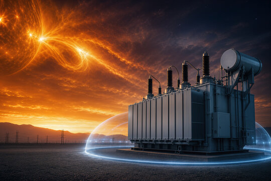 Industrial power transformer protected by translucent shield against solar flare geomagnetic storm coronal mass ejection threat energy infrastructure resilience grid security