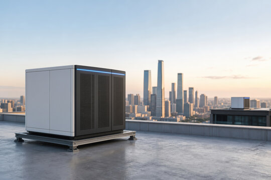 Compact rooftop modular edge micro data center with white charcoal enclosure and blue LED strip on modern office building representing decentralized edge computing and distributed infrastructure