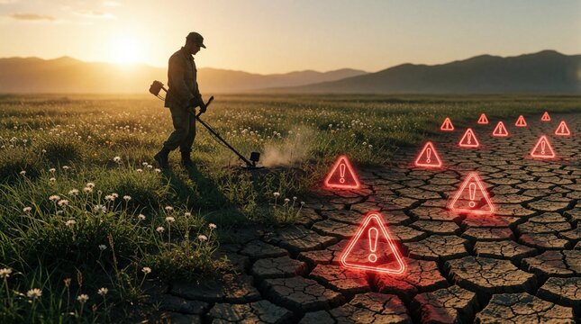 Person uses metal detector in field with warning signs. Man searches for danger at sunset, scanning dry cracked earth. Safety awareness for landmines, explosive hazards.