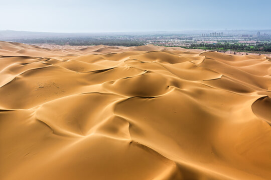 Golden sand dunes stretching toward a distant city and green oasis under clear daylight in Xinjiang, China.