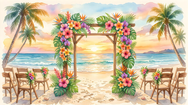 Beautiful tropical wedding arch decorated with colorful flowers and palm leaves on a sandy beach at sunset