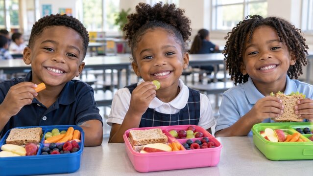 three smiling school children eating sandwiches, fruit, berries, grapes and carrots from colorful lunch boxes in cafeteria