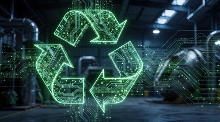 Obraz premium Green digital recycle symbol glows over industrial facility. Technology merges with circular economy concept, processing materials for reuse in smart manufacturing.