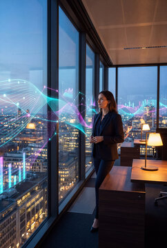 Businesswoman by an office window overlooking financial data waves and the city