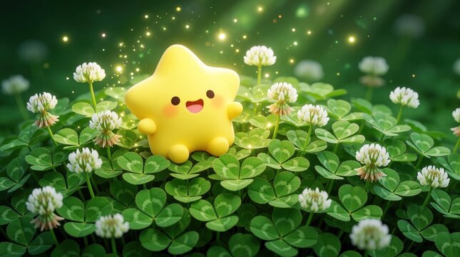 Cute yellow star character sits happy in clover field. Magical sparkles light up green nature ground. Whimsical illustration for luck and joy. Positive fantasy concept art. Adorable cartoon star.