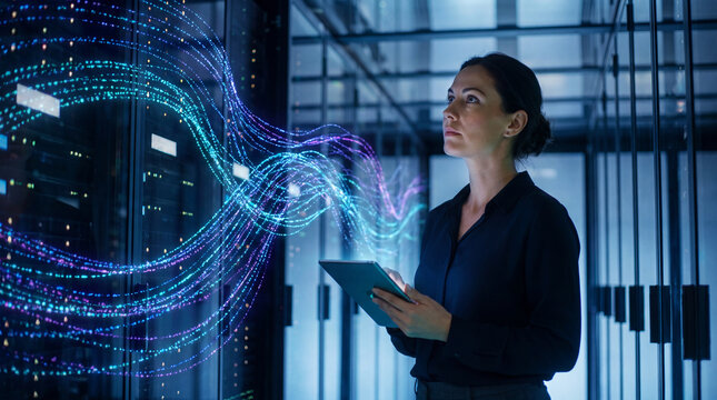 Female technician monitoring data streams in a server room