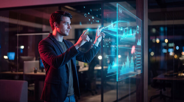 Businessman interacting with a holographic financial dashboard at night