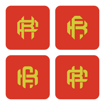 Four vintage varsity style letter monograms FK KF in yellow on red rounded square backgrounds