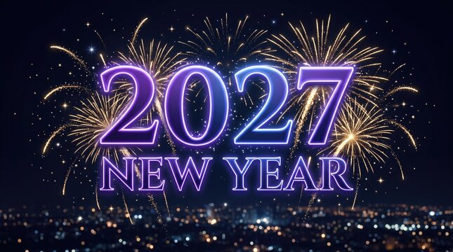 2027 new year celebration background with glowing neon numbers and festive golden fireworks over a blurred city skyline at night