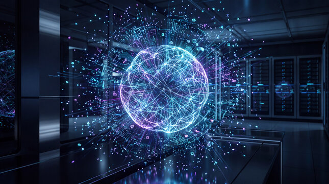 Holographic data sphere glowing inside a server room