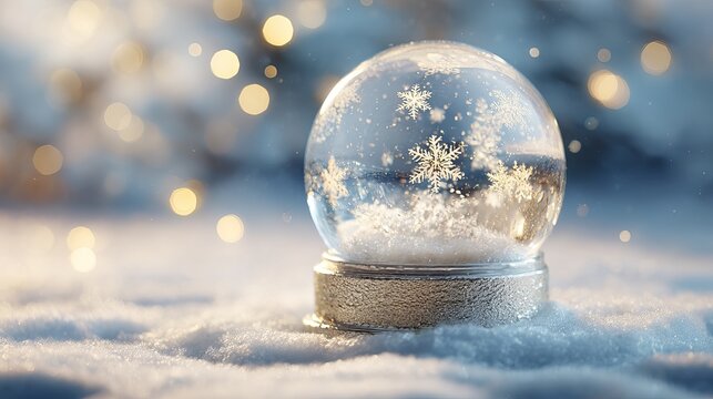 Detailed glass snow globe featuring intricate crystalline snowflakes inside sitting gracefully on fresh white powder during a soft winter evening