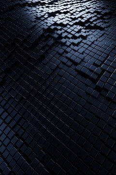 Dark, dense grid of cubes forms abstract background. Geometric pattern suggests digital data or structure. Cubes vary in height creating a dynamic, modern look. Futuristic tech concept.