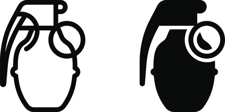 Set of two hand grenade icons with solid and outline styles for military and weapon design projects
