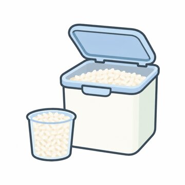 米びつのフタを開けて計量カップでお米をすくうイラスト - お米の計量手順