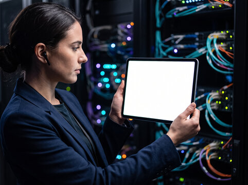 female IT specialist in suit holding tablet with blank white screen mockup standing sideways near server racks in data center