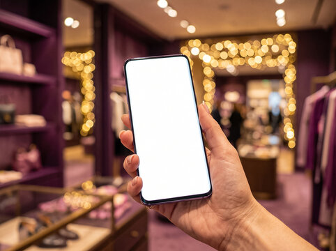 hand holding smartphone with white blank screen mockup in holiday clothing store interior with garlands bokeh online shopping app service