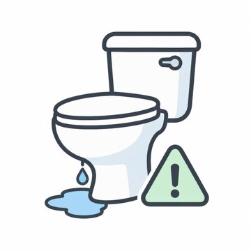 洋式トイレの便器から水漏れするトラブルと注意喚起マークのイラスト - 水道トラブル・設備修理