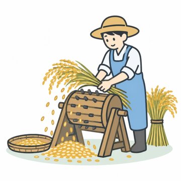 稲穂から籾（もみ）を脱穀・選別する作業のイラスト - 稲作・収穫・脱穀作業