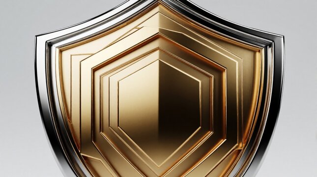 Metallic shield emblem with geometric layers. Symbolizes security, protection, and digital defense. Offers abstract concept for cybersecurity and safety.