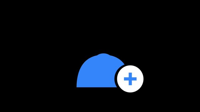 Animated flat icon: solid blue user profile silhouette with a circular plus sign button at bottom right, symbolizing add friend, new contact, create account, or join community.