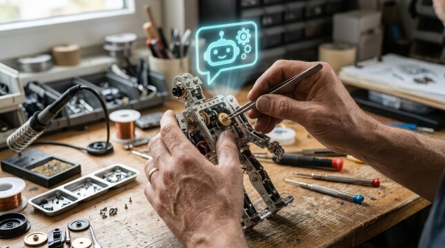 Person assembling small robot toy with soldering iron in workshop