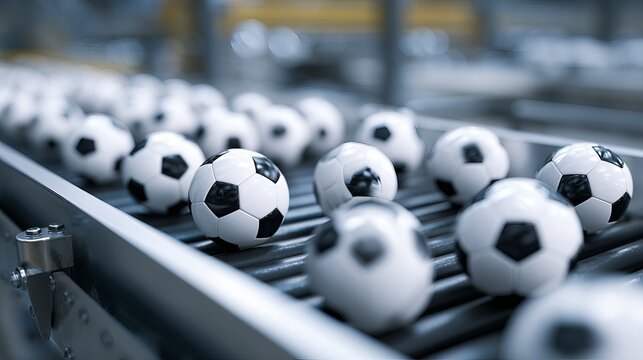 Soccer balls moving along industrial conveyor belt in modern manufacturing facility featuring bright lighting and sharp depth of field focus blur
