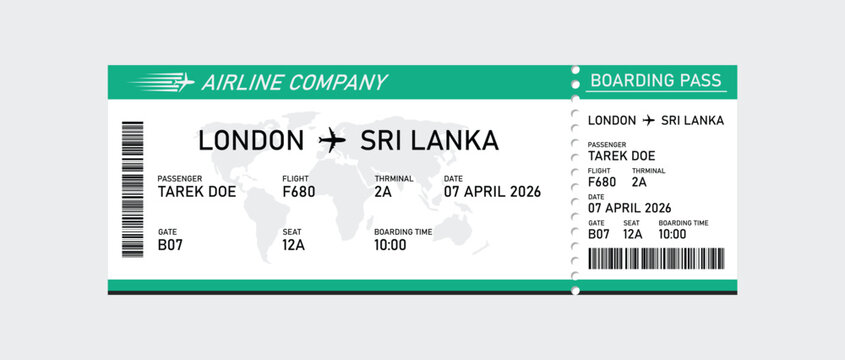 Teal and white airline boarding pass template for a flight from london to sri lanka featuring a map background, and barcode
