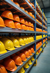 Obraz premium Industrial safety and construction site equipment, rows of orange and yellow hard hats stored on metal warehouse shelves for worker protection gear