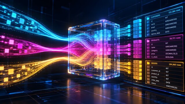 Relational database concept with glowing fiber optic lines flowing into transparent server block and UI schema panels