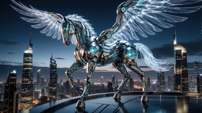 Mechanical Pegasus with glowing wings stands atop modern skyscraper overlooking futuristic city skyline at twilight. Robotic horse made of steel, chrome possesses advanced technology, mythical