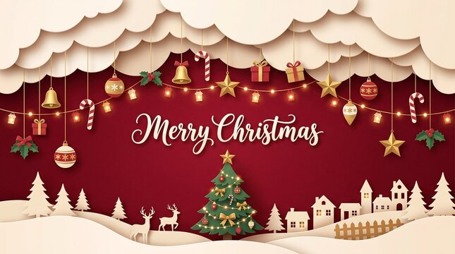 Merry christmas greeting card design with paper cut style winter village landscape and hanging festive ornaments