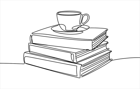 Continuous single line drawing of a cup of coffee resting on a stack of books