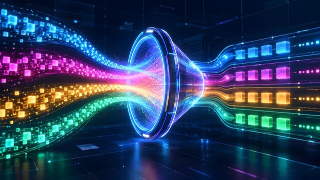 Data transformation funnel concept converting chaotic digital cubes into structured glowing information streams