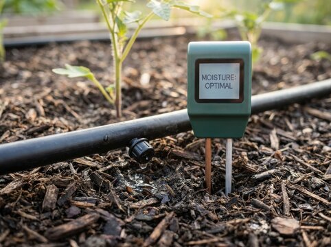 water-saving garden system Soil moisture meter in garden soil showing optimal moisture level near plants