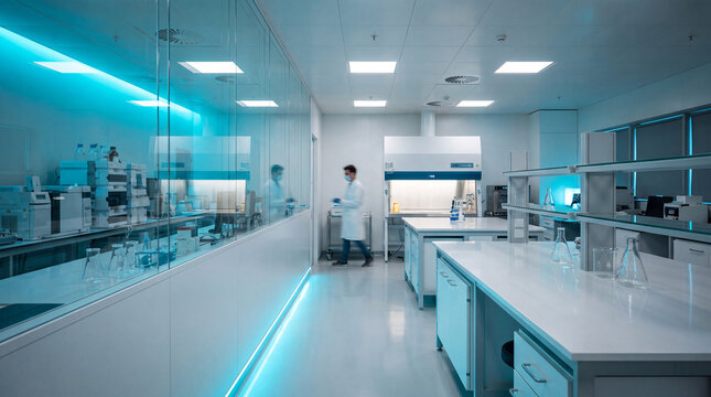Wide interior view of a modern pharmaceutical laboratory with blue ambient lighting