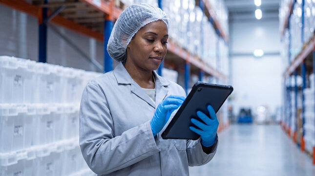 Warehouse worker checking inventory data on a rugged tablet in a pharmaceutical storage facility